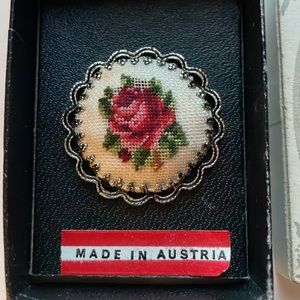 Vintage Austrian Handmade Needlepoint Rose Pin Brooch
